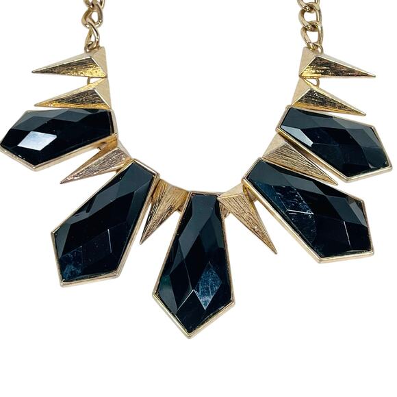 Vintage Black Gold Inverted Spike Geometric Bib Necklace Statement 8" - Picture 2 of 6